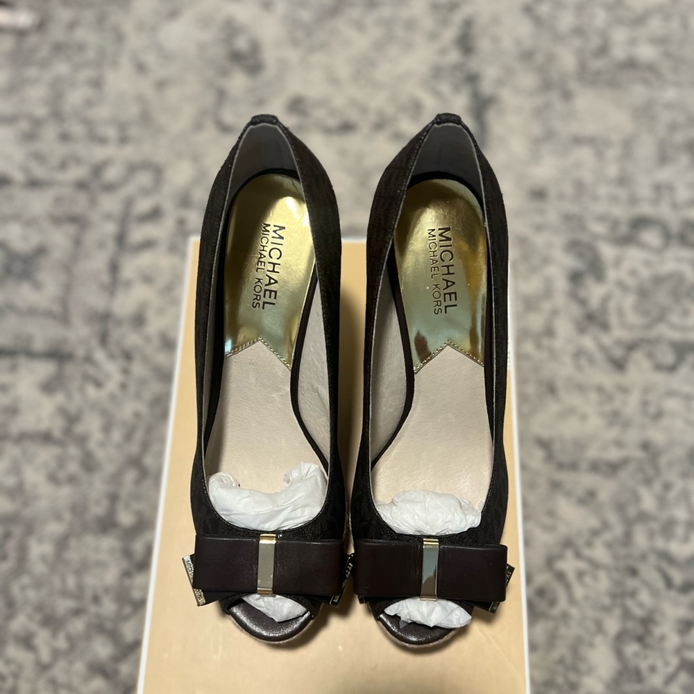 MICHAEL KORS SIGNATURE WEDGES. Size 9.5. Brown monogram. BRAND NEW NEVER WORN!!